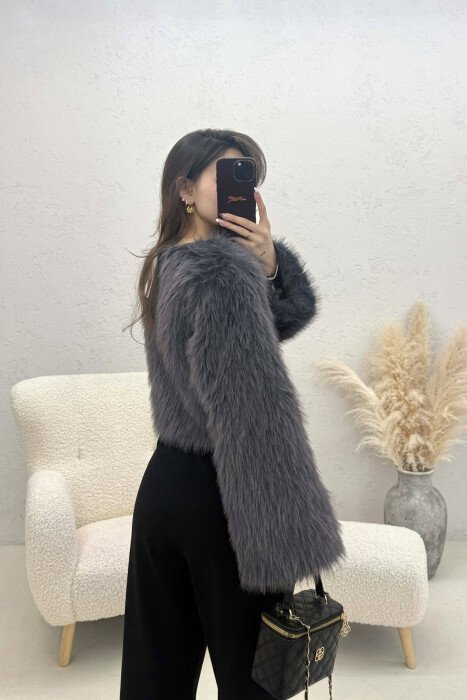 ONE COLOR FAUX FUR WOMAN SWEATSHIRT DARK GREY/GEE - 3