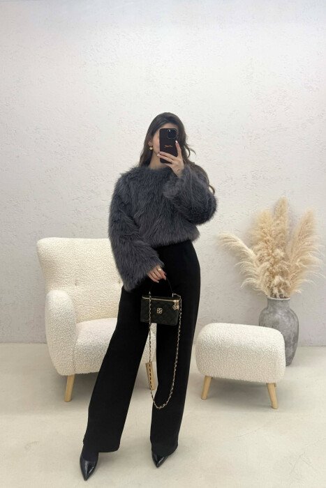 ONE COLOR FAUX FUR WOMAN SWEATSHIRT DARK GREY/GEE - 4