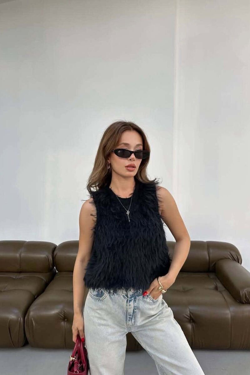 ONE COLOR FAUX FUR WOMAN TANK TOP BLACK/ E ZEZE - 1
