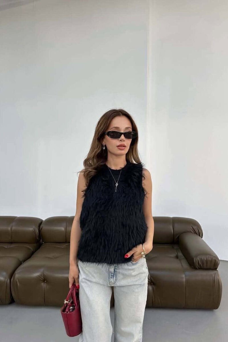 ONE COLOR FAUX FUR WOMAN TANK TOP BLACK/ E ZEZE - 2