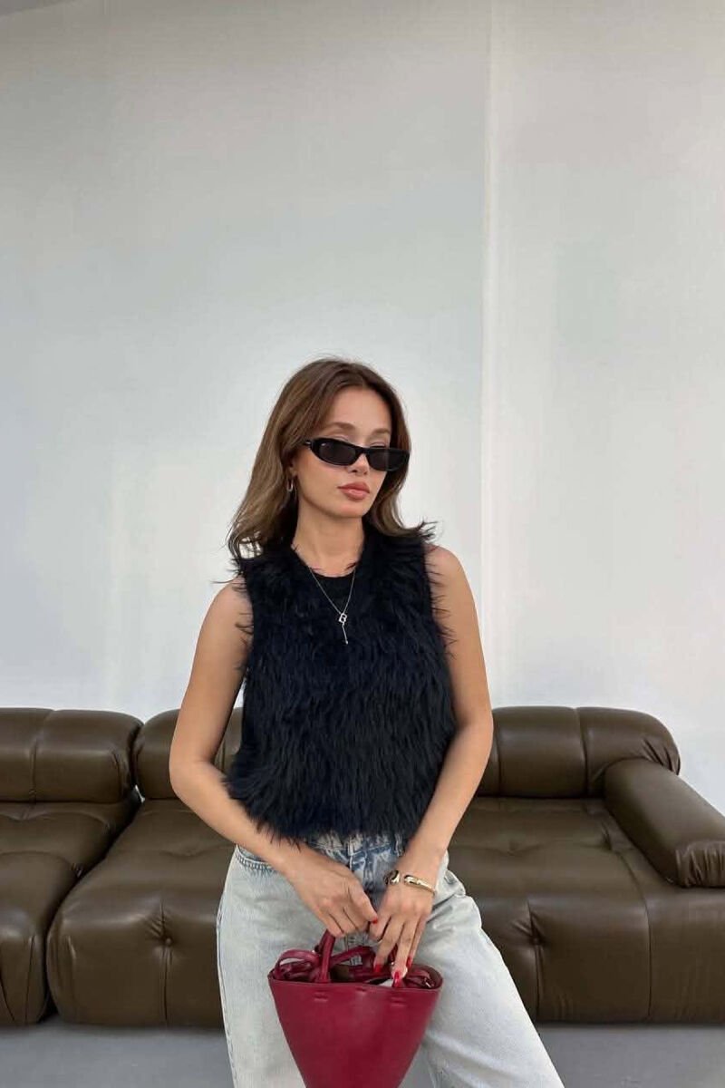 ONE COLOR FAUX FUR WOMAN TANK TOP BLACK/ E ZEZE - 4