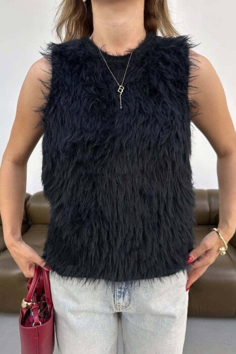 ONE COLOR FAUX FUR WOMAN TANK TOP BLACK/ E ZEZE - 5