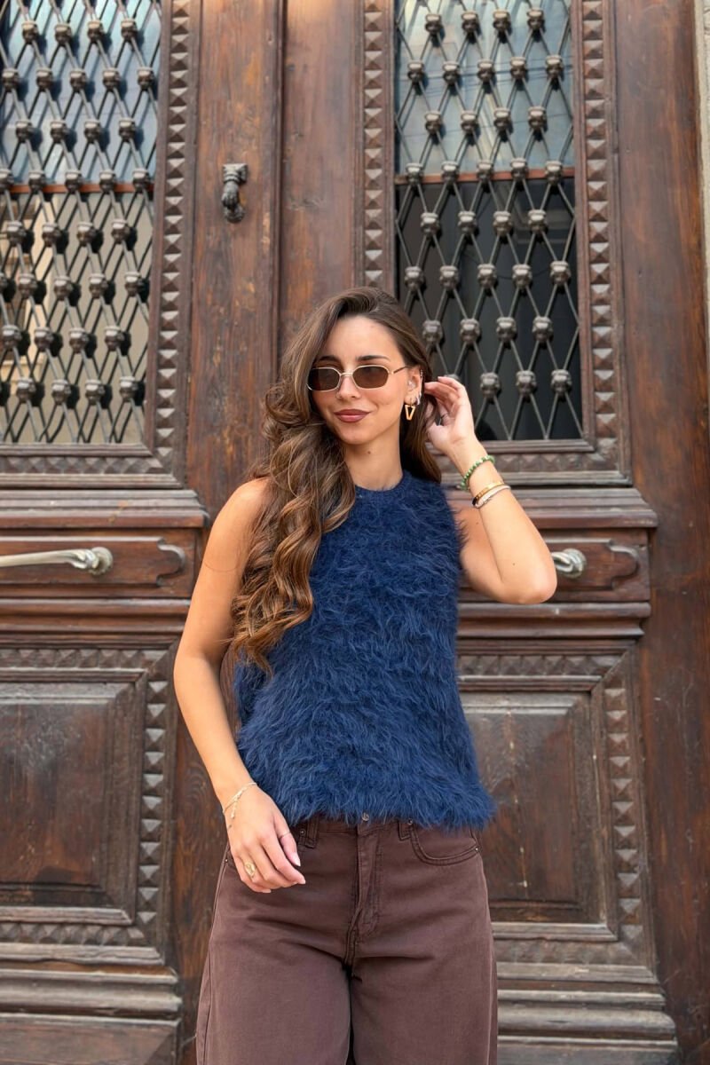 ONE COLOR FAUX FUR WOMAN TANK TOP BLUE/BLU - 1