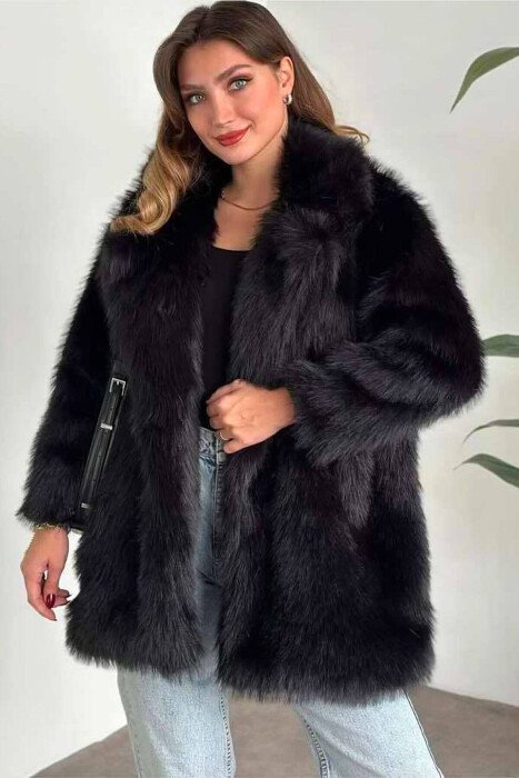 ONE COLOR FAUX FUR WOMEN JACKET BLACK/ E ZEZE - KLAUDIO FASHION