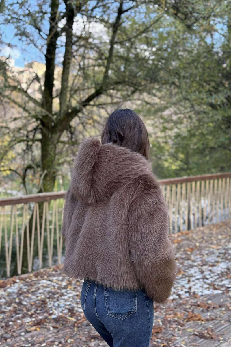 ONE COLOR FAUX FUR WOMEN JACKET BROWN/KAFE - 4