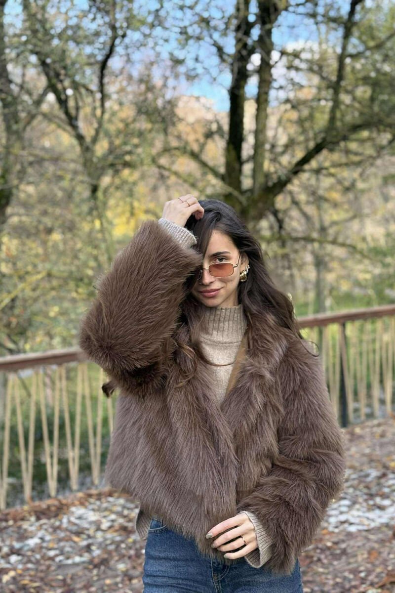 ONE COLOR FAUX FUR WOMEN JACKET BROWN/KAFE - 1