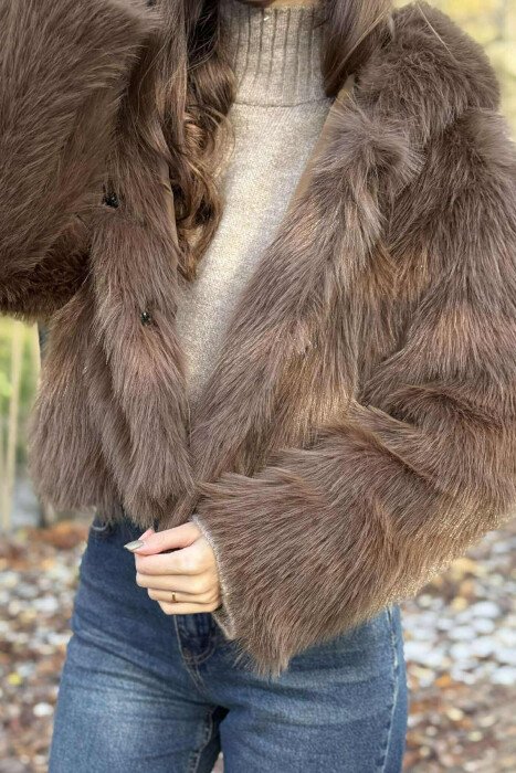 ONE COLOR FAUX FUR WOMEN JACKET BROWN/KAFE - 3