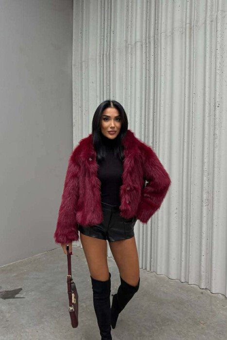 ONE COLOR FAUX FUR WOMEN JACKET BURGUNDY/VISHNJE - 2