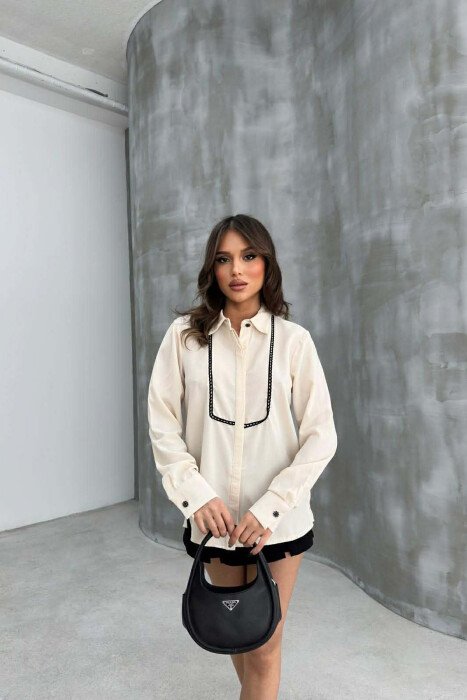 ONE COLOR FLOWER BUTTON DETAIL WOMAN SHIRT LIGHT BEIGE/BZHZB - KLAUDIO FASHION