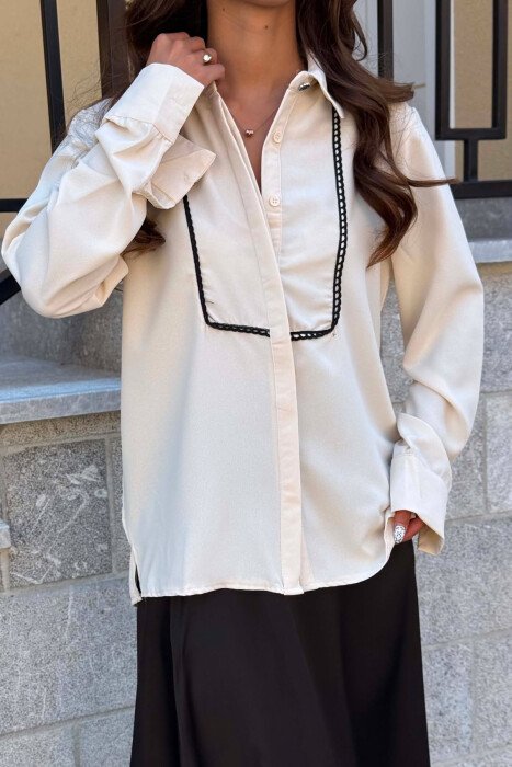ONE COLOR FLOWER BUTTON DETAIL WOMAN SHIRT LIGHT BEIGE/BZHZB - 3