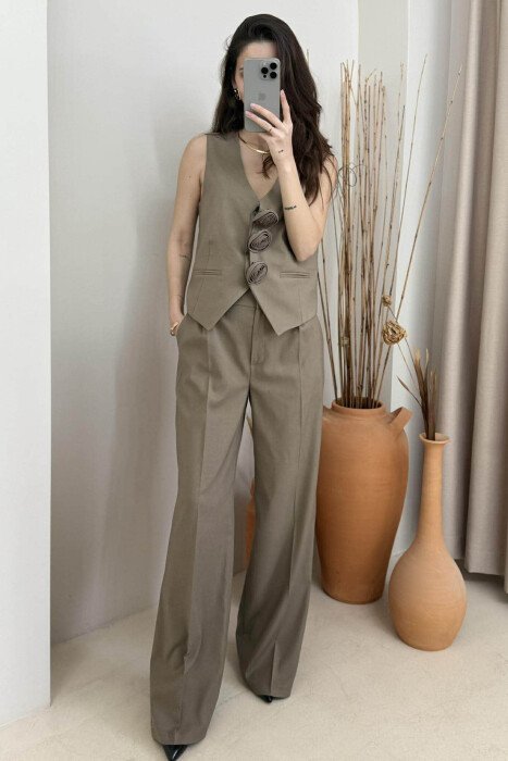 ONE COLOR FLOWER BUTTONS VEST+TROUSERS WOMEN SET OLIVE/ULLI - 2