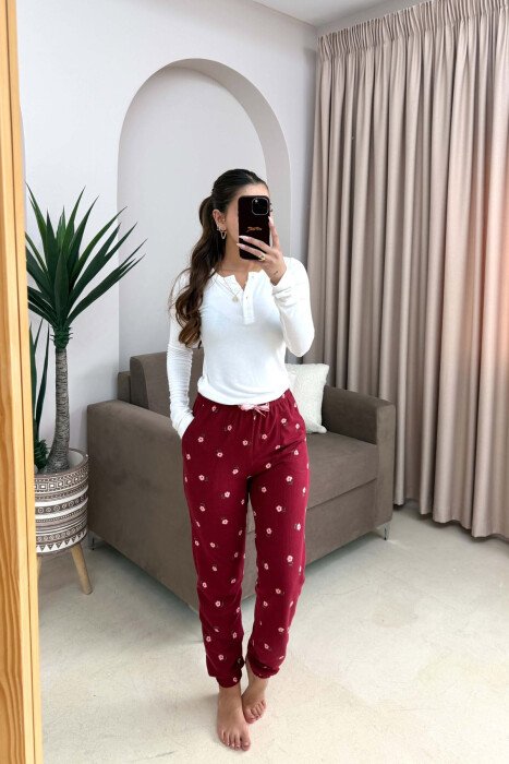 ONE COLOR FLOWER DESIGN WOMAN JOGGERS BURGUNDY/VISHNJE - KLAUDIO FASHION