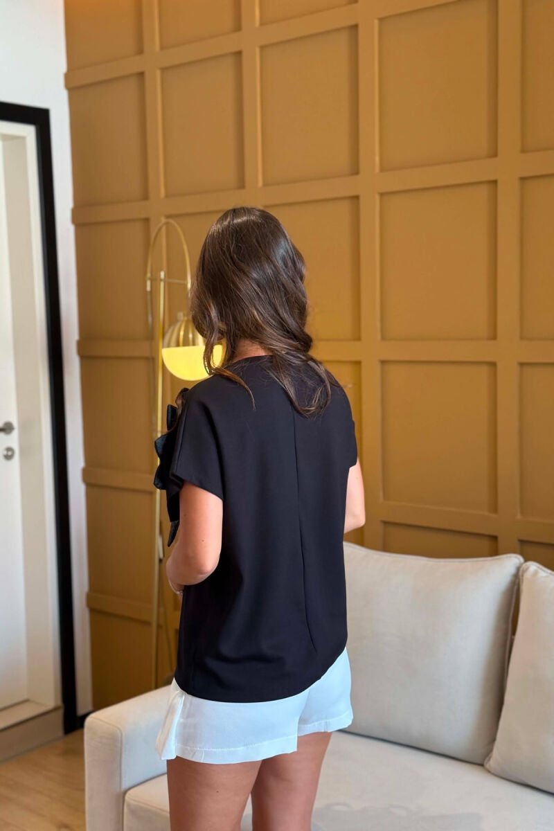 ONE COLOR FLOWER DETAIL WOMEN T-SHIRT BLACK/ E ZEZE - 3