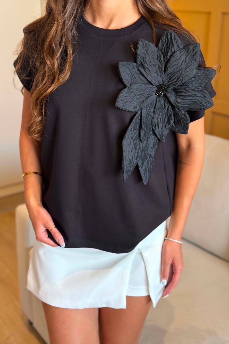 ONE COLOR FLOWER DETAIL WOMEN T-SHIRT BLACK/ E ZEZE - 5