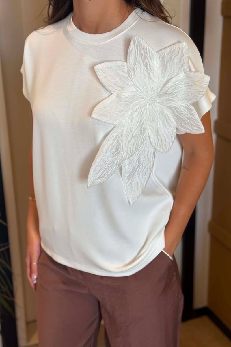 ONE COLOR FLOWER DETAIL WOMEN T-SHIRT WHITE-E BARDHE - 5