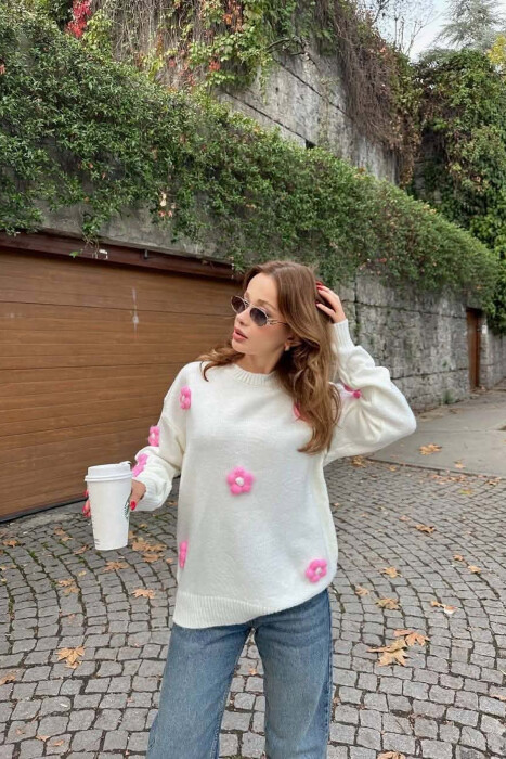 ONE COLOR FLOWER DETAILS WOMAN SWEATER WHITE-E BARDHE - 2