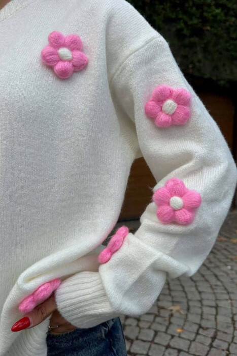 ONE COLOR FLOWER DETAILS WOMAN SWEATER WHITE-E BARDHE - 5