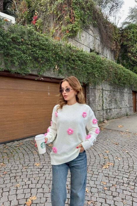 ONE COLOR FLOWER DETAILS WOMAN SWEATER WHITE-E BARDHE - 7