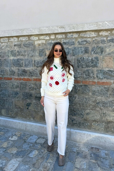 ONE COLOR FLOWERS DETAILS WOMAN SWEATER WHITE-E BARDHE - 4