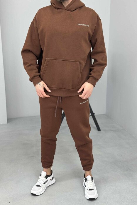 ONE COLOR FLUFFY BACK DESIGN HOODIE+JOGGERS MEN SET BROWN/KAFE 