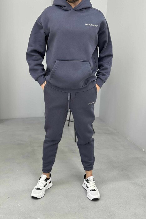 ONE COLOR FLUFFY BACK DESIGN HOODIE+JOGGERS MEN SET DARK GREY/GEE 