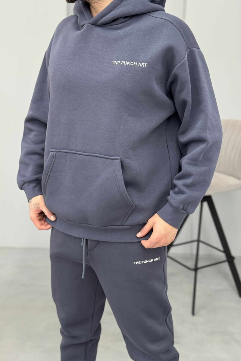 ONE COLOR FLUFFY BACK DESIGN HOODIE+JOGGERS MEN SET DARK GREY/GEE - 2