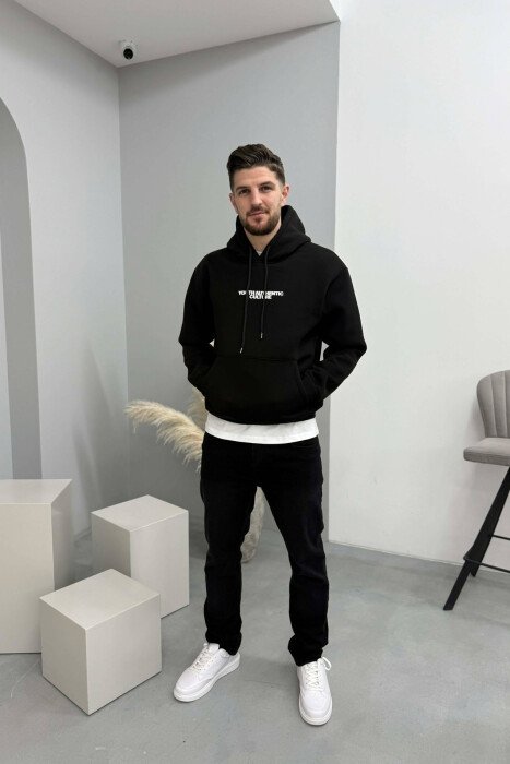ONE COLOR FLUFFY BACK DESIGN MEN HOODIE BLACK/ E ZEZE - 2
