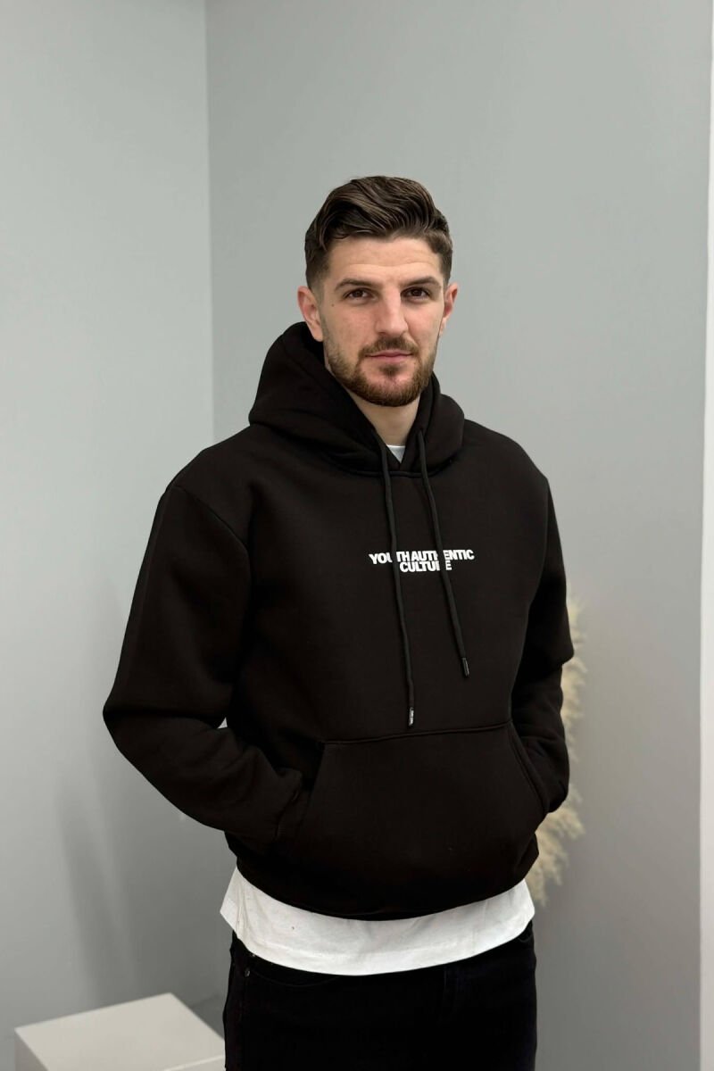ONE COLOR FLUFFY BACK DESIGN MEN HOODIE BLACK/ E ZEZE - 3