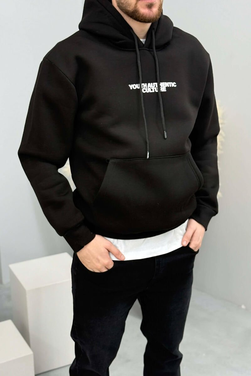 ONE COLOR FLUFFY BACK DESIGN MEN HOODIE BLACK/ E ZEZE - 1
