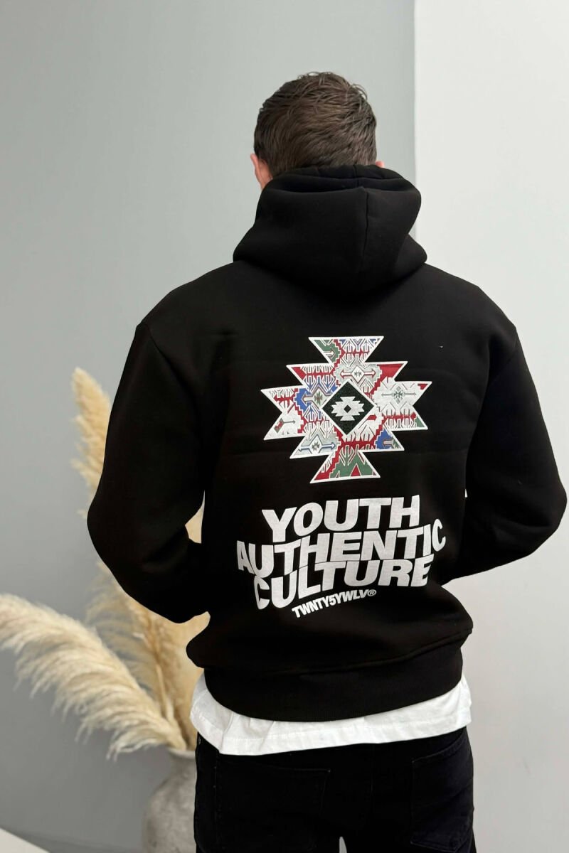 ONE COLOR FLUFFY BACK DESIGN MEN HOODIE BLACK/ E ZEZE - 4