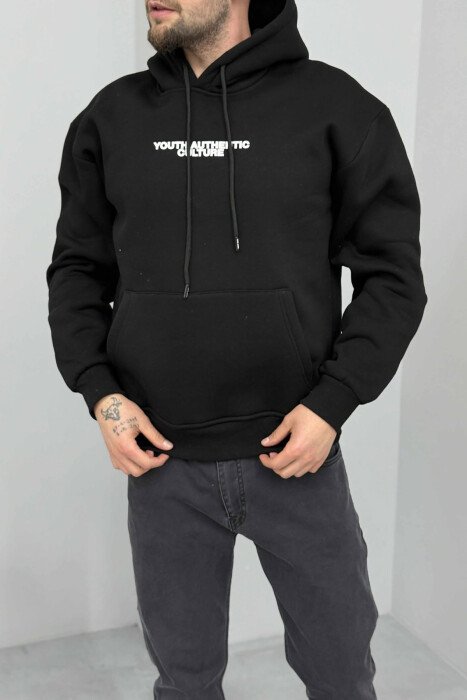 ONE COLOR FLUFFY BACK DESIGN MEN HOODIE BLACK/ E ZEZE - 6