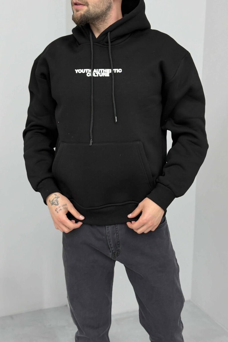 ONE COLOR FLUFFY BACK DESIGN MEN HOODIE BLACK/ E ZEZE - 6