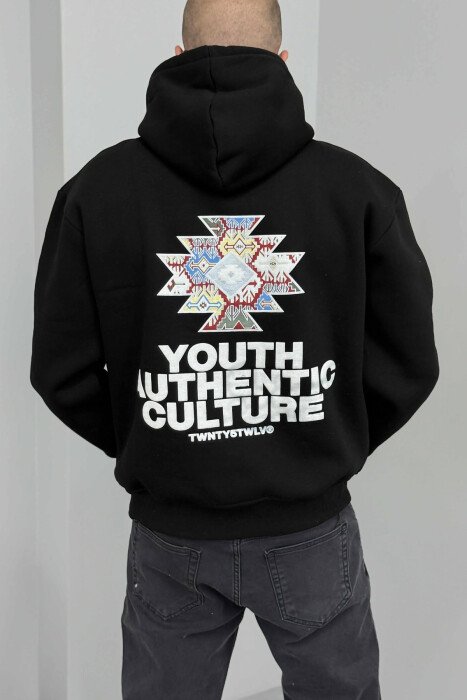 ONE COLOR FLUFFY BACK DESIGN MEN HOODIE BLACK/ E ZEZE - 8