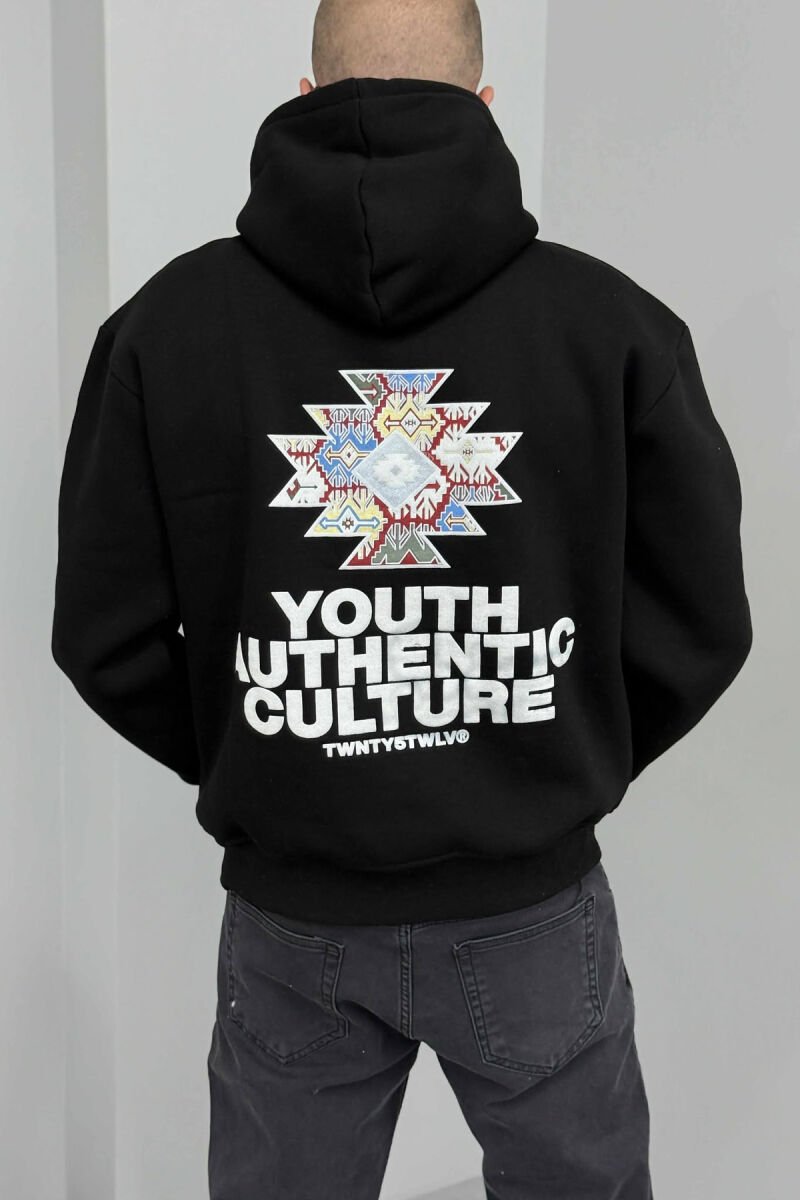 ONE COLOR FLUFFY BACK DESIGN MEN HOODIE BLACK/ E ZEZE - 8