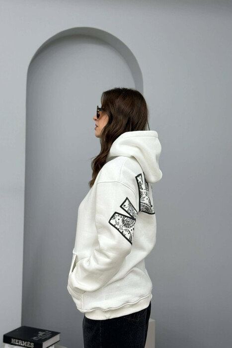 ONE COLOR FLUFFY BACK WRITTING WOMEN HOODIE WHITE-E BARDHE - 2