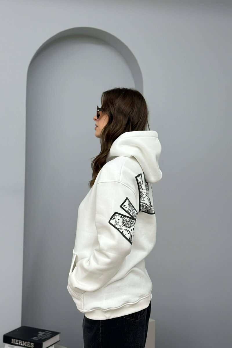 ONE COLOR FLUFFY BACK WRITTING WOMEN HOODIE WHITE-E BARDHE - 2