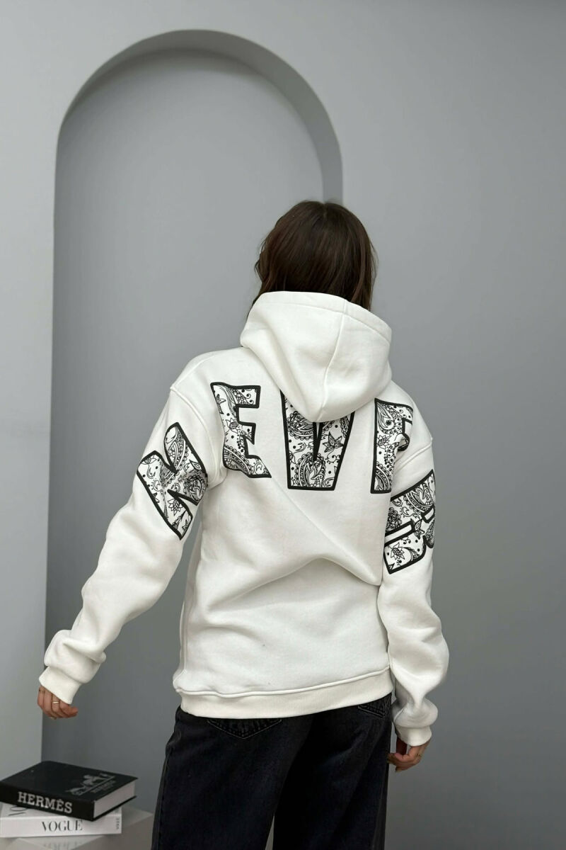 ONE COLOR FLUFFY BACK WRITTING WOMEN HOODIE WHITE-E BARDHE - 4