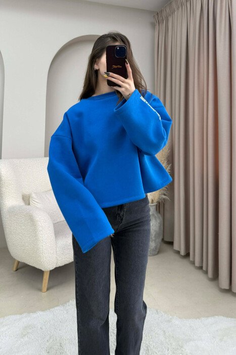 ONE COLOR FLUFFY BACK WRITTINGS WOMEN SWEATSHIRT BLUE/BLU 