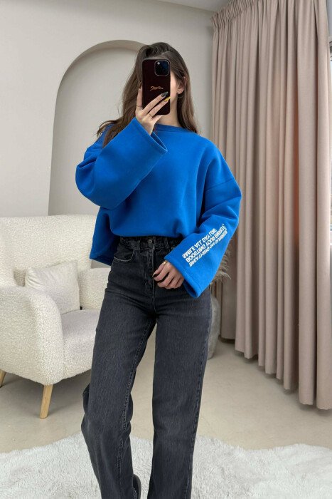 ONE COLOR FLUFFY BACK WRITTINGS WOMEN SWEATSHIRT BLUE/BLU - 5