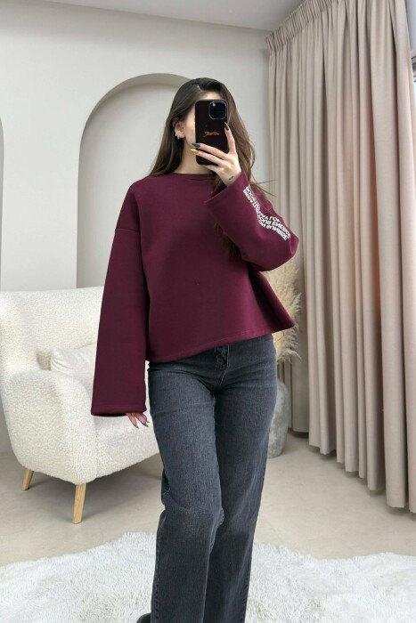 ONE COLOR FLUFFY BACK WRITTINGS WOMEN SWEATSHIRT BURGUNDY/VISHNJE - 1