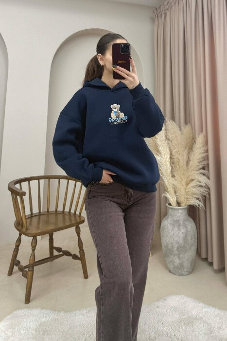 ONE COLOR FLUFFY BEAR IMAGE WOMEN HOODIE BLUE/BLU - 1