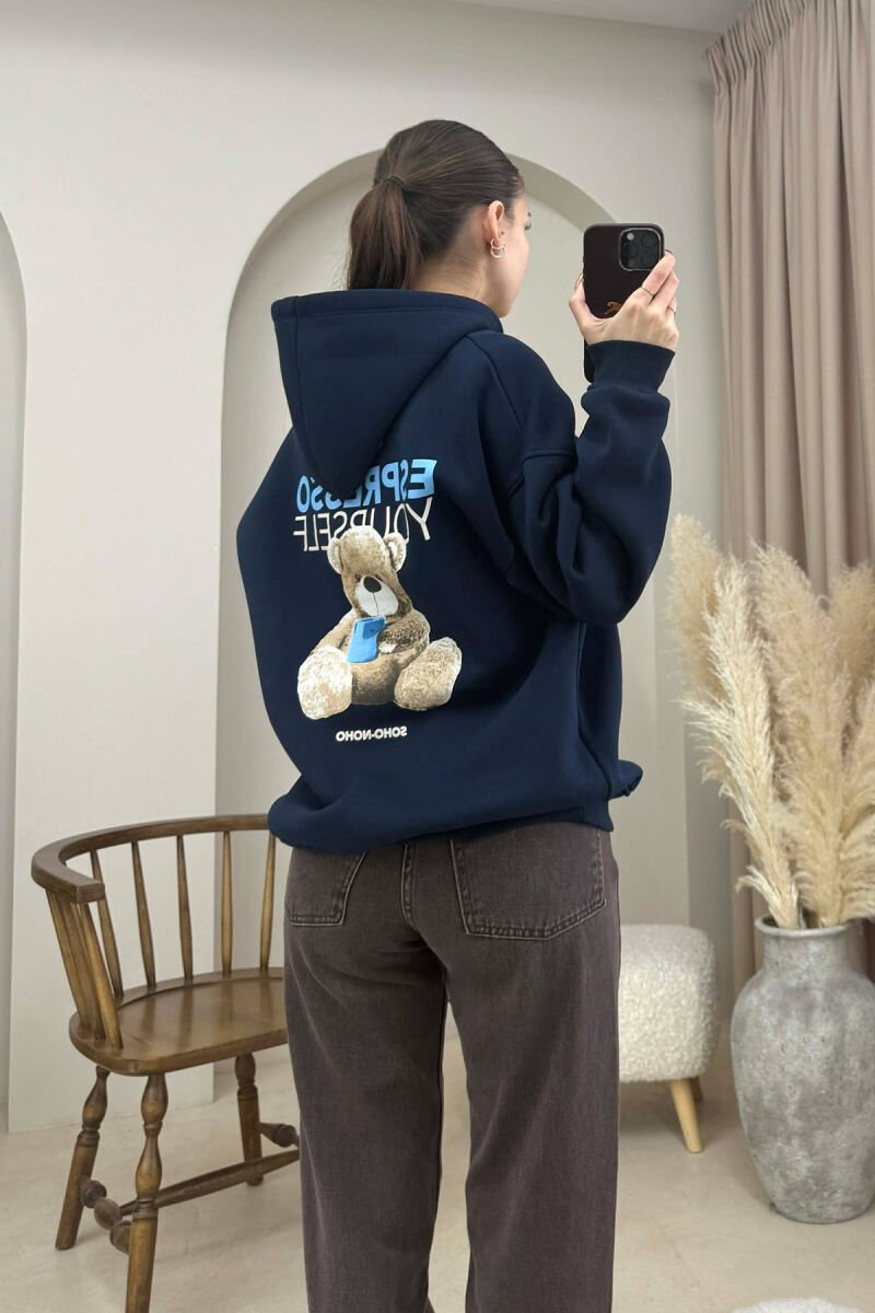 ONE COLOR FLUFFY BEAR IMAGE WOMEN HOODIE BLUE/BLU - 2