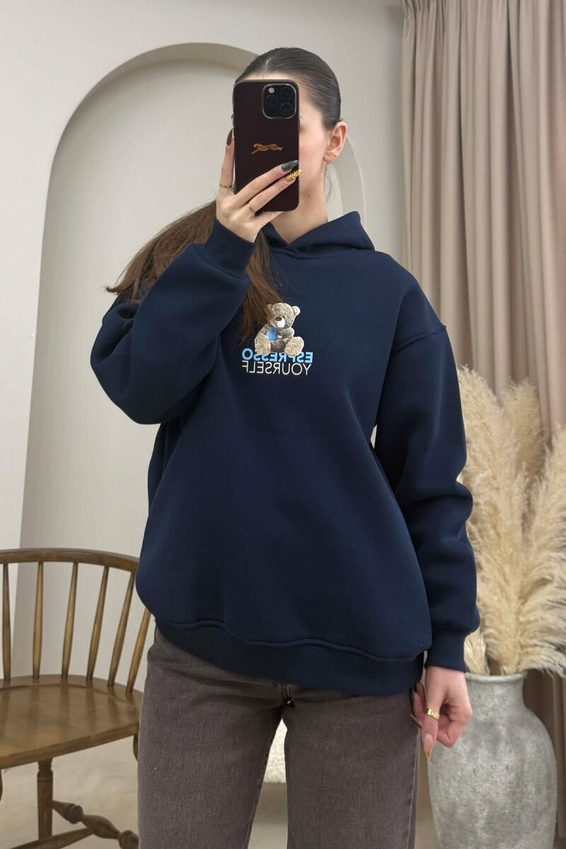 ONE COLOR FLUFFY BEAR IMAGE WOMEN HOODIE BLUE/BLU - 5