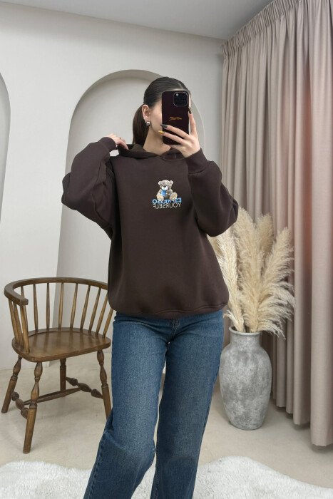 ONE COLOR FLUFFY BEAR IMAGE WOMEN HOODIE BROWN/KAFE 