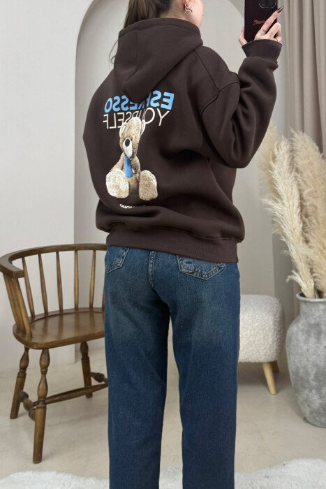 ONE COLOR FLUFFY BEAR IMAGE WOMEN HOODIE BROWN/KAFE - 2