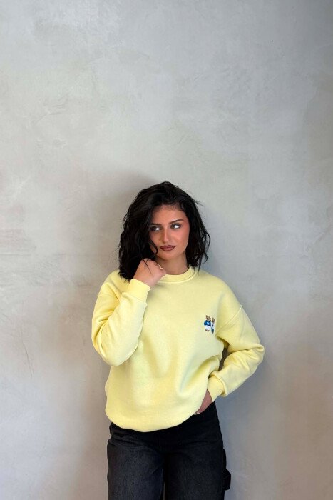 ONE COLOR FLUFFY BEARS LOGO WOMAN SWEATSHIRT YELLOW/E VERDHE - KLAUDIO FASHION