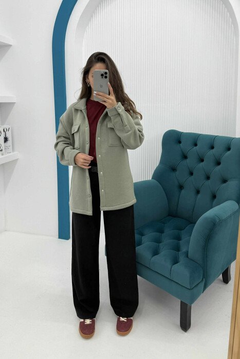ONE COLOR FLUFFY BUTTONS WOMEN JACKET MINT/MENTE - 1