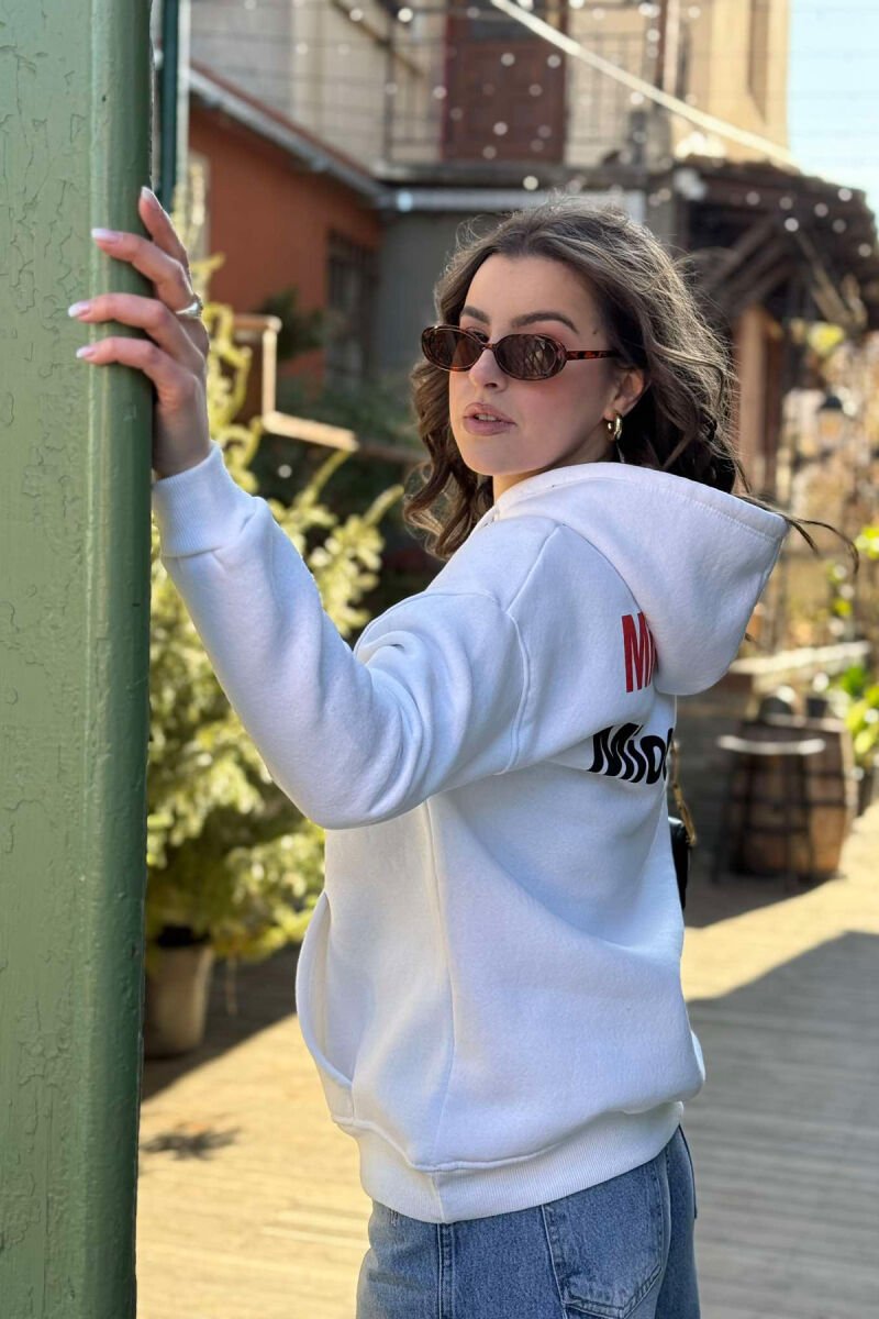 ONE COLOR FLUFFY FRONT WRITTINGS WOMEN HOODIE WHITE-E BARDHE - 2