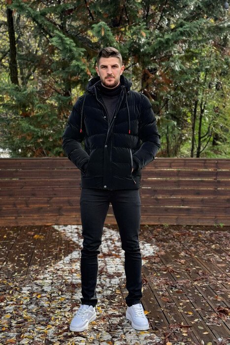 ONE COLOR FLUFFY HOODED MEN PUFFER JACKET BLACK/ E ZEZE - 2