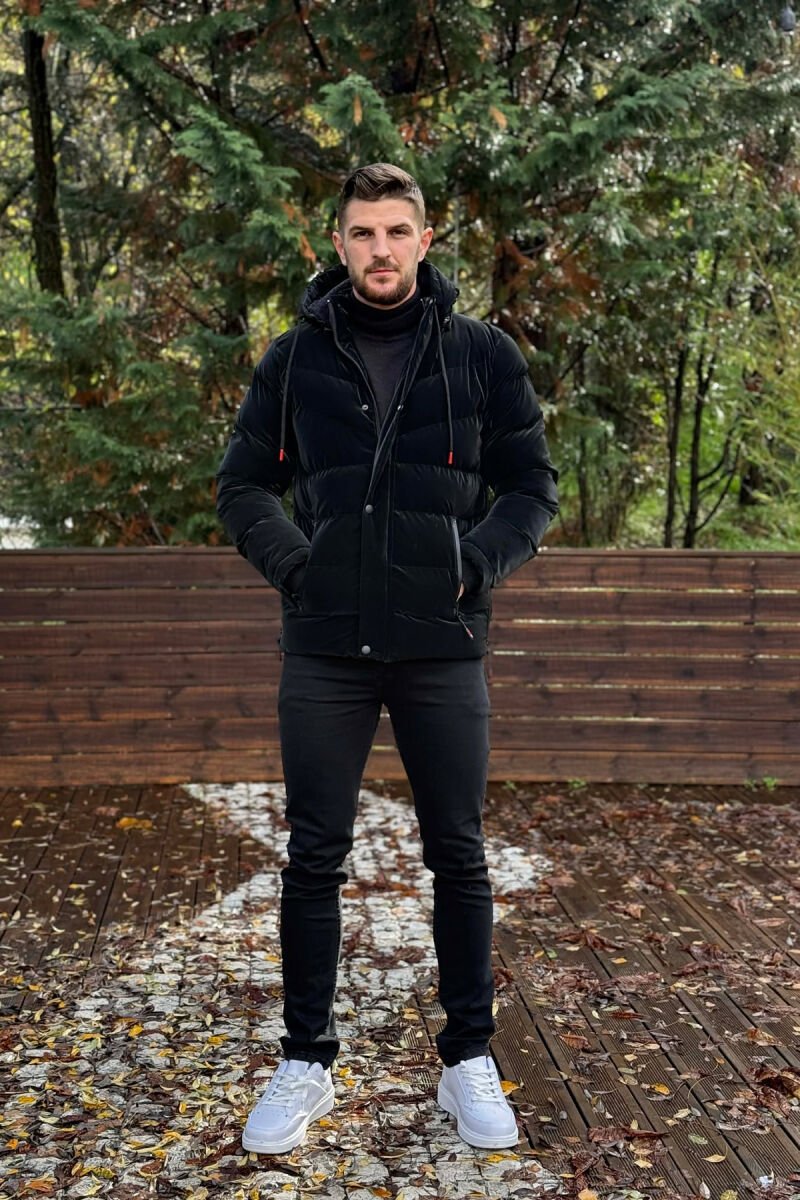 ONE COLOR FLUFFY HOODED MEN PUFFER JACKET BLACK/ E ZEZE - 2
